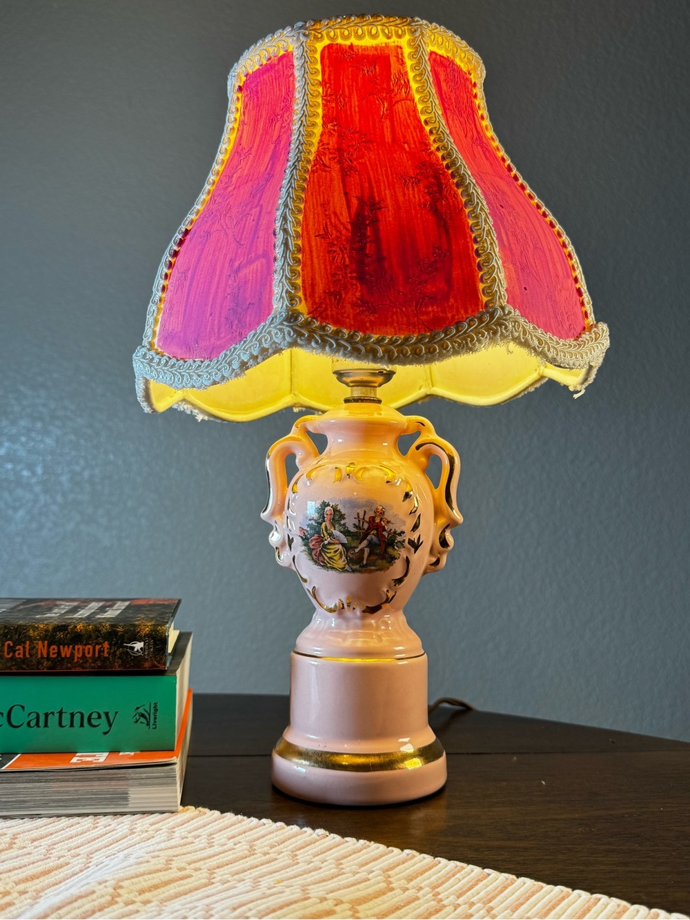 1950s Pink Lamp - Hand Painted Shade Romantic Boudoir Style Gold Accents - MCM
